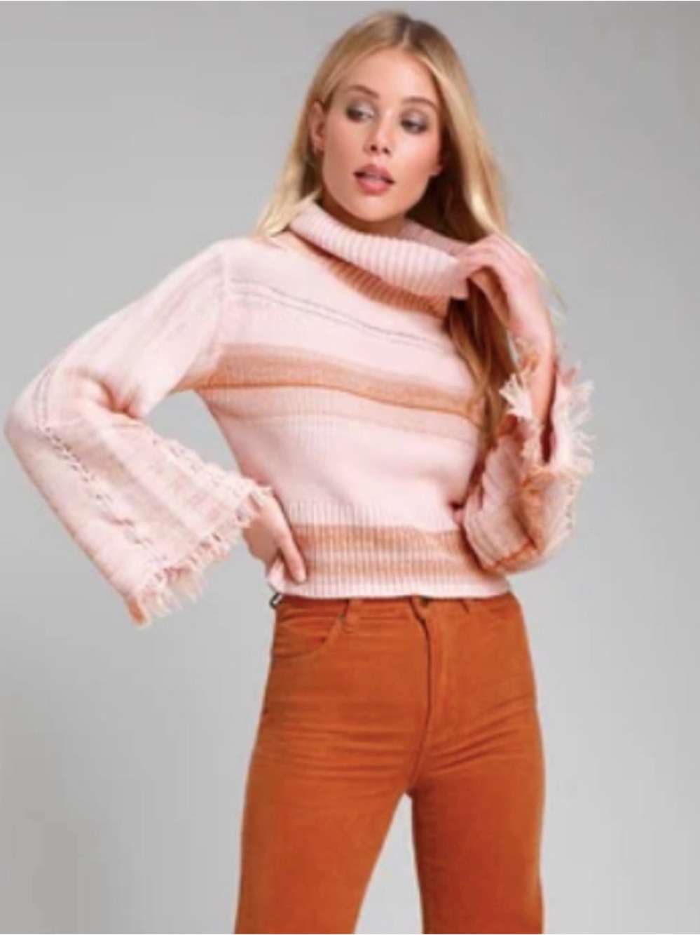 Free People Close To Me Striped Fringe Bell Sleeve Sweater L Boho cottagecore
